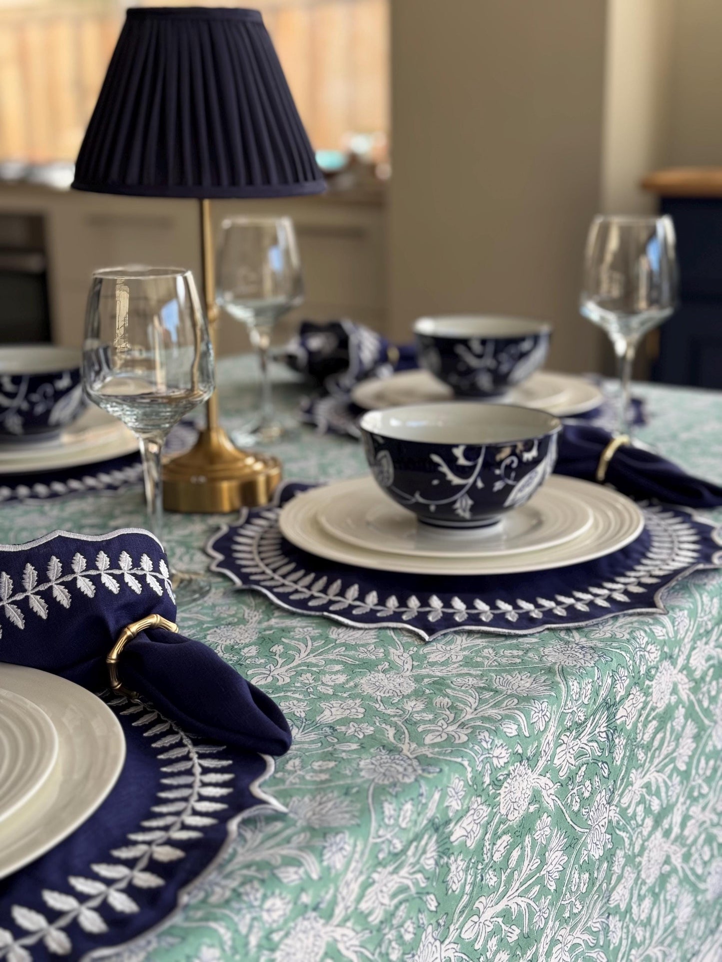 Mint Soirée- Hand Block-Printed Tablecloth
