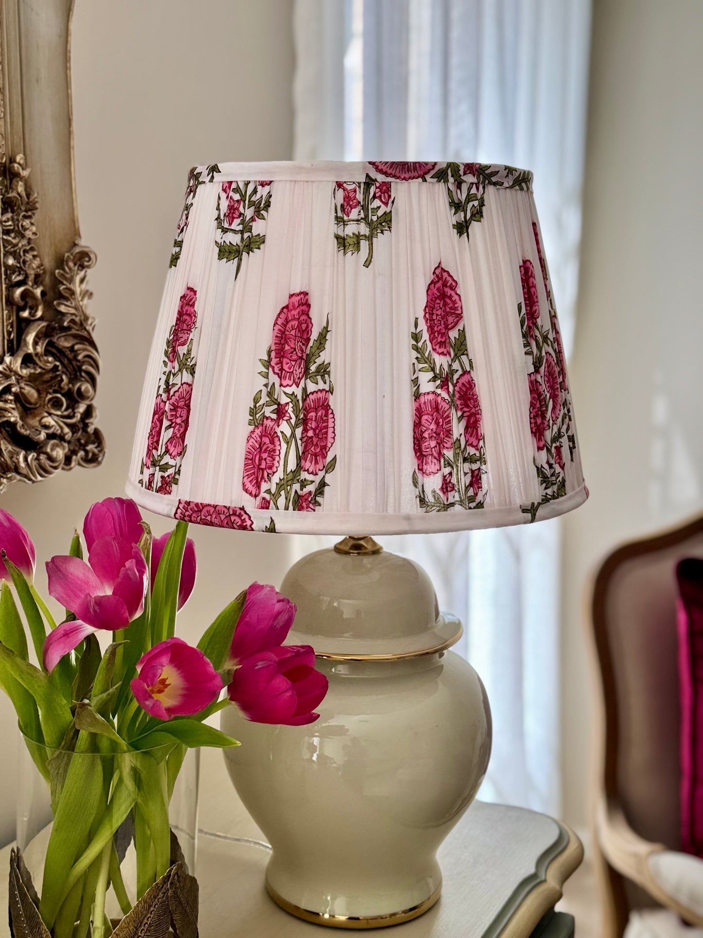 Pink Carnation~Handmade Block Printed Cotton Lampshade