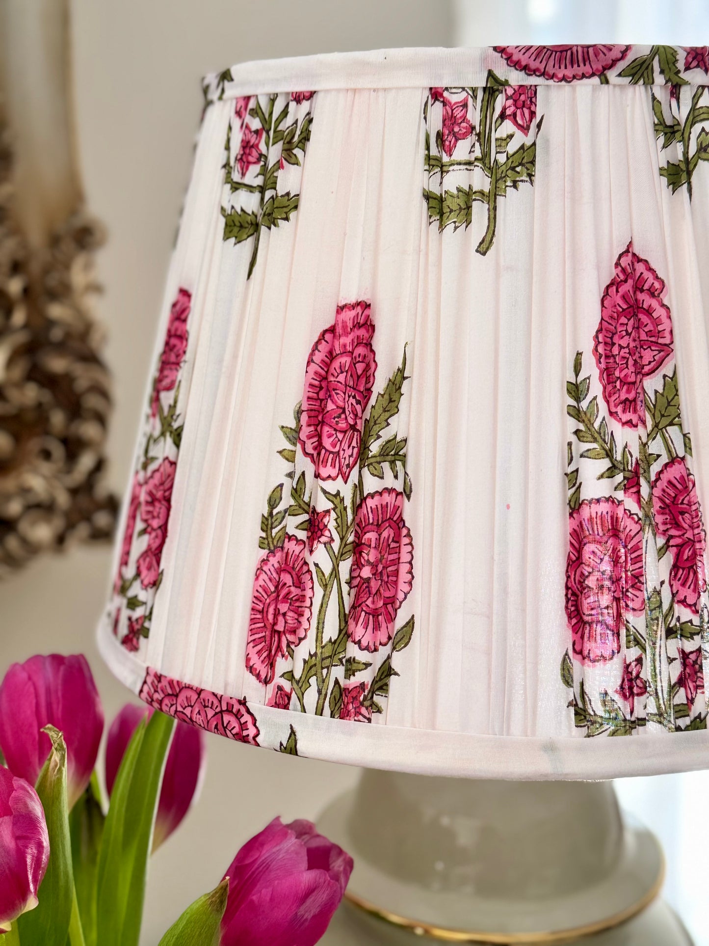 Pink Carnation~Handmade Block Printed Cotton Lampshade