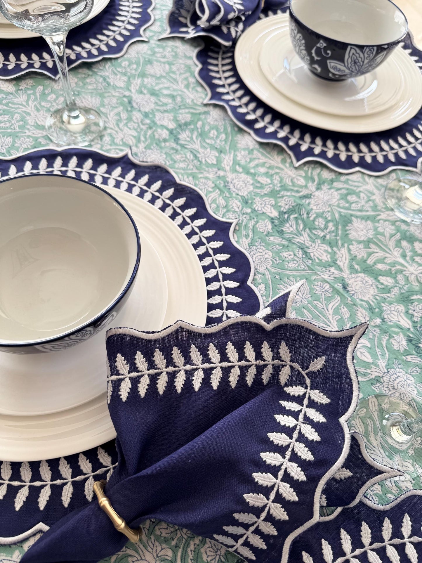 Mint Soirée- Hand Block-Printed Tablecloth
