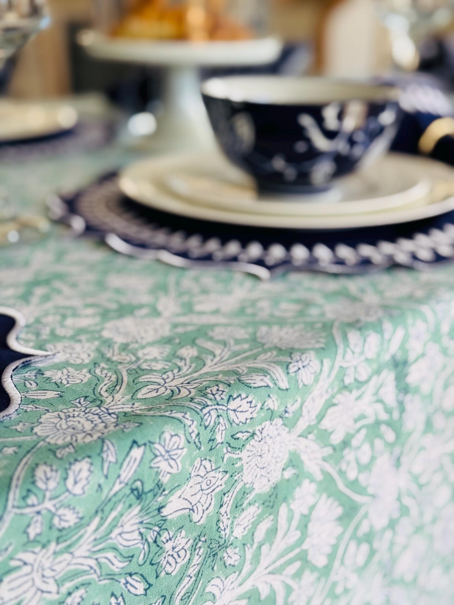 Mint Soirée- Hand Block-Printed Tablecloth